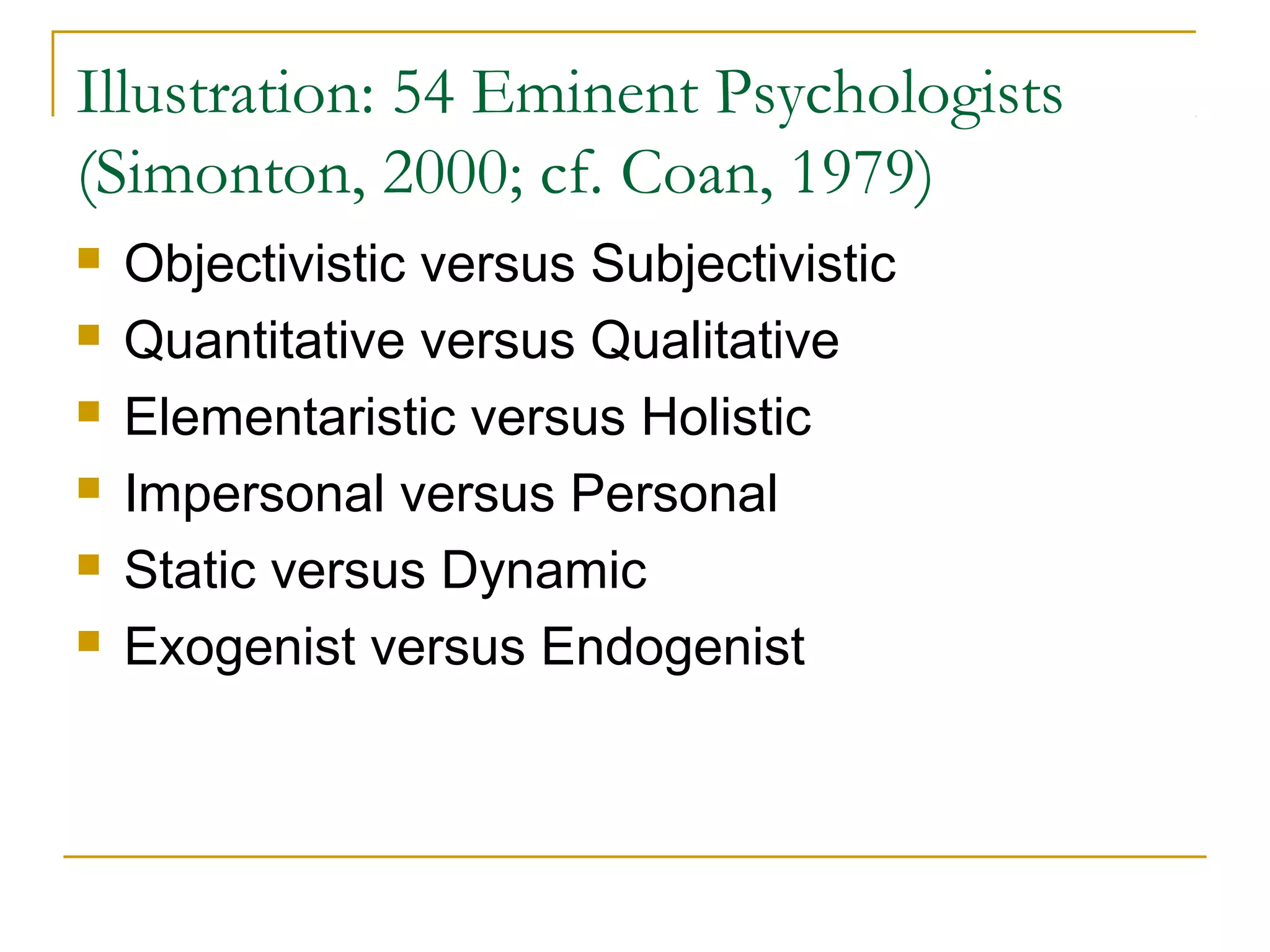 Illustration: 54 Eminent Psychologists
(Simonton, 2000; cf. Coan, 1979)
   Objectivistic versus Subjectivistic
   Quantitative versus Qualitative
   Elementaristic versus Holistic
   Impersonal versus Personal
   Static versus Dynamic
   Exogenist versus Endogenist
 