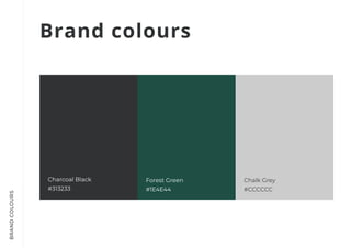BRANDCOLOURS
Brand colours
Charcoal Black

#313233
Forest Green

#1E4E44
Chalk Grey

#CCCCCC
 
