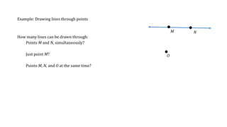 Example: Drawing lines through points
How many lines can be drawn through:
Points M and N, simultaneously?
Just point M?
Points M, N, and O at the same time?
NM
O
 