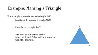 Example: Naming a Triangle
The triangle shown is named triangle ABC.
Can it also be named triangle ACB?
How about triangle BAC?
Is there a combination of the
letters A, B, and C that will not work to
name the triangle?
A
BC
 