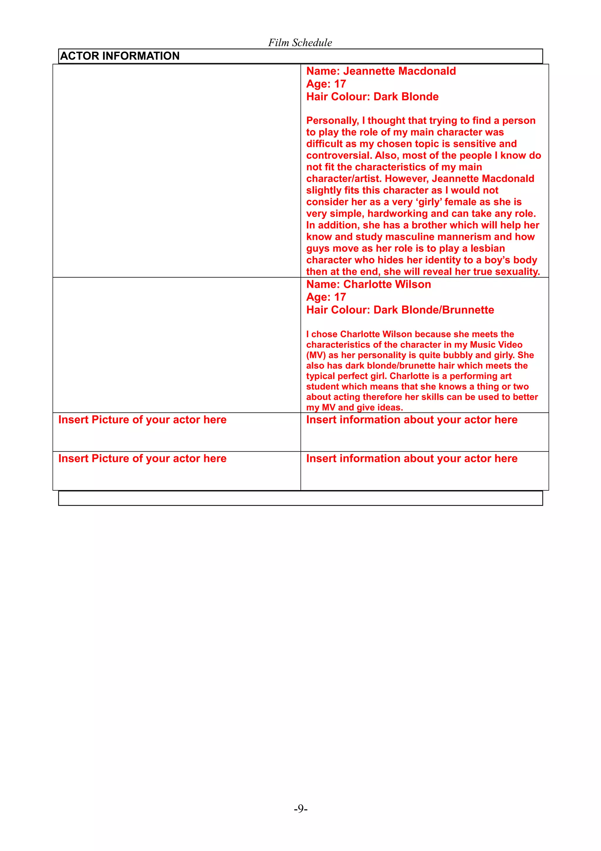 Film Schedule
ACTOR INFORMATION
Name: Jeannette Macdonald
Age: 17
Hair Colour: Dark Blonde
Personally, I thought that trying to find a person
to play the role of my main character was
difficult as my chosen topic is sensitive and
controversial. Also, most of the people I know do
not fit the characteristics of my main
character/artist. However, Jeannette Macdonald
slightly fits this character as I would not
consider her as a very ‘girly’ female as she is
very simple, hardworking and can take any role.
In addition, she has a brother which will help her
know and study masculine mannerism and how
guys move as her role is to play a lesbian
character who hides her identity to a boy’s body
then at the end, she will reveal her true sexuality.

Name: Charlotte Wilson
Age: 17
Hair Colour: Dark Blonde/Brunnette
I chose Charlotte Wilson because she meets the
characteristics of the character in my Music Video
(MV) as her personality is quite bubbly and girly. She
also has dark blonde/brunette hair which meets the
typical perfect girl. Charlotte is a performing art
student which means that she knows a thing or two
about acting therefore her skills can be used to better
my MV and give ideas.

Insert Picture of your actor here

Insert information about your actor here

Insert Picture of your actor here

Insert information about your actor here

-9-

 