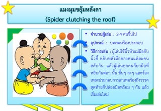 แมงมุมขยุ้มหลังคา
(Spider clutching the roof)
• จานวนผู้เล่น : 2-4 คนขึ้นไป
• อุปกรณ์ : บทเพลงร้องประกอบ
• วิธีการเล่น : ผู้เล่นใช้นิ้วหัวแม่มือกับ
นิ้วชี้ หยิบหลังมือของคนแต่ละคน
สลับกัน แล้วผู้เล่นทุกคนก็ยกมือที่
หยิบกันต่อๆ นั้น ขึ้นๆ ลงๆ และร้อง
เพลงประกอบกำรเล่นพอร้องถึงวรรค
สุดท้ำยก็ปล่อยมือพร้อม ๆ กัน แล้ว
เริ่มเล่นใหม่
 
