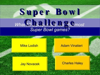 What NFL player has won the most  Super Bowl games? Charles Haley Adam Vinatieri Super Bowl Challenge Mike Lodish Jay Novacek 