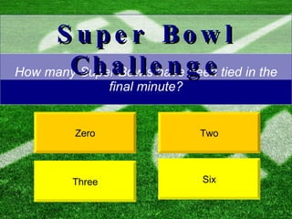 How many Super Bowls have been tied in the final minute? Three Two Super Bowl Challenge Six Zero 