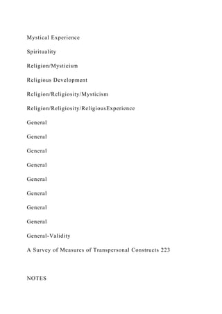 Mystical Experience
Spirituality
Religion/Mysticism
Religious Development
Religion/Religiosity/Mysticism
Religion/Religiosity/ReligiousExperience
General
General
General
General
General
General
General
General
General-Validity
A Survey of Measures of Transpersonal Constructs 223
NOTES
 