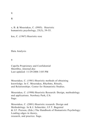 q
R
s, B. & Moustakas, C. (l985). Heuristic
humanistic psychology, 25(3), 39-55.
kas, C. (1967) Heuristic rese
Data Analysis
9
Capella Proprietary and Confidential
ShortDoc_Internal.doc
Last updated: 11/29/2006 3:05 PM
Moustakas, C. (1981) Heuristic methods of obtaining
knowledge. In C. Moustakas, Rhythms, Rituals,
and Relationships. Center for Humanistic Studies.
Moustakas, C. (1990) Heuristic Research: Design, methodology
and applications. Newbury Park, CA:
Sage.
Moustakas, C. (2001) Heuristic research: Design and
Methodology. In K.J. Schneider, J.F.T. Bugental
& J.F. Pierson, (Eds.) The Handbook of Humanistic Psychology:
Leading edges in theory,
research, and practice. Sage.
 