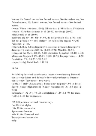 Norms No formal norms No formal norras; No focmalnorms; No
fonnal norms; No formal norms; No formal norms- No formal
norms;
(Note: When Howden (1992) Elkins et al (1988) Kass, Friedman
Hood (1975) does Mathes et al (1982) see Hoge (1972)
MacDonald et al (1994)
numbers are N=189: UI- 44.95, do not provide et al (1991) do
not not provide N= 116 Males= for item score means N=209
Personal- 21.46,
reported, they 4.86; descriptive statistics provide descriptive
descriptive statistics SO.IS, 11.10; 2.92; Middle- 30.95,
represent the PML- 20.38, 3.20; statistics Females> 52.10, 4.49;
Mean and Standard IN- 45.63, 5.00; 10.96 Transpersonal- 14.58,
Deviation, TR- 28.23,3.96 3.92
respectively) Total SAS- 139.18,
14.30
Reliability Internal consistency Internal consistency lnternal
consistency hems and Subscale Internalconsistency Internal
consistency Test-retest- two-week
(alpha); Total= .92; (alpha); Subscales= (alpha)= .90 to Total
Score (Kuder-Richardson) (Kuder-Richardson) .57-.83 and 12-
week
Subscales= .72-.91 .75-.95 correlations= .29-.64 .94 for men,
=.90 .34-.57 for suhscales;
.92 f<lf women lntemal consistency-
Coefficient alpha
.58-.79 for subscales;
Spearman-Brown-
.66-.81 for Personal and
Transpersonalsubscales
only
 