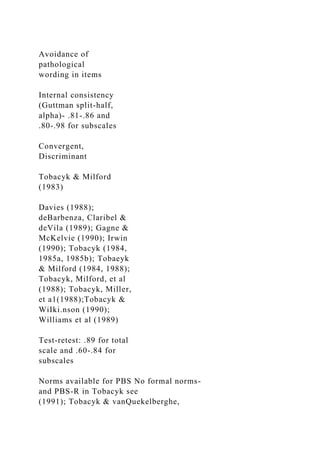 Avoidance of
pathological
wording in items
Internal consistency
(Guttman split-half,
alpha)- .81-.86 and
.80-.98 for subscales
Convergent,
Discriminant
Tobacyk & Milford
(1983)
Davies (1988);
deBarbenza, Claribel &
deVila (1989); Gagne &
McKelvie (1990); Irwin
(1990); Tobacyk (1984,
1985a, 1985b); Tobaeyk
& Milford (1984, 1988);
Tobacyk, Milford, et al
(1988); Tobacyk, Miller,
et a1(1988);Tobacyk &
WiIki.nson (1990);
Williams et al (1989)
Test-retest: .89 for total
scale and .60-.84 for
subscales
Norms available for PBS No formal norms-
and PBS-R in Tobacyk see
(1991); Tobacyk & vanQuekelberghe,
 