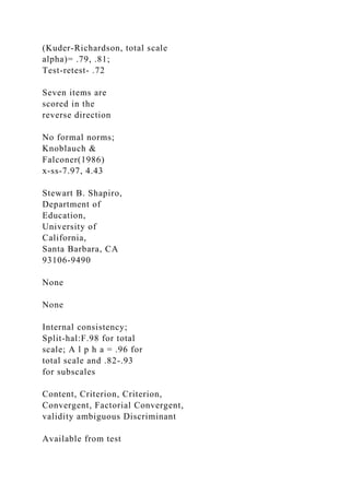 (Kuder-Richardson, total scale
alpha)= .79, .81;
Test-retest- .72
Seven items are
scored in the
reverse direction
No formal norms;
Knoblauch &
Falconer(1986)
x-ss-7.97, 4.43
Stewart B. Shapiro,
Department of
Education,
University of
California,
Santa Barbara, CA
93106-9490
None
None
Internal consistency;
Split-hal:F.98 for total
scale; A l p h a = .96 for
total scale and .82-.93
for subscales
Content, Criterion, Criterion,
Convergent, Factorial Convergent,
validity ambiguous Discriminant
Available from test
 