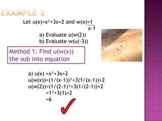 Example 2 Let u(x)=x²+3x+2 and w(x)=1    x-1 	a) Evaluate u(w(2)) 	b) Evaluate w(u(-3)) Method 1: Find u(w(x)) the sub into equation a) u(x) =x²+3x+2 u(w(x))=(1/(x-1))²+3(1/(x-1))+2 u(w(2))=(1/(2-1)²+3(1/(2-1))+2 	 =1²+3(1)+2 	 =6 