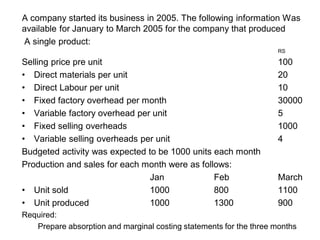 A company started its business in 2005. The following information Was
available for January to March 2005 for the company that produced
A single product:
                                                                    RS

Selling price pre unit                                              100
• Direct materials per unit                                         20
• Direct Labour per unit                                            10
• Fixed factory overhead per month                                  30000
• Variable factory overhead per unit                                5
• Fixed selling overheads                                           1000
• Variable selling overheads per unit                               4
Budgeted activity was expected to be 1000 units each month
Production and sales for each month were as follows:
                                Jan             Feb                 March
• Unit sold                     1000            800                 1100
• Unit produced                 1000            1300                900
Required:
   Prepare absorption and marginal costing statements for the three months
 