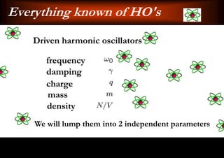 Everything known of HO's
   Driven harmonic oscillators

       frequency
       damping
       charge
       mass
       density
    We will lump them into 2 independent parameters
 