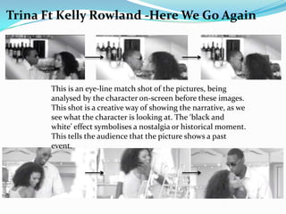 Trina Ft Kelly Rowland -Here We Go Again




       This is an eye-line match shot of the pictures, being
       analysed by the character on-screen before these images.
       This shot is a creative way of showing the narrative, as we
       see what the character is looking at. The ‘black and
       white’ effect symbolises a nostalgia or historical moment.
       This tells the audience that the picture shows a past
       event.
 