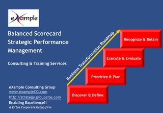 Balanced Scorecard
Strategic Performance
Management

Recognize & Retain

Execute & Evaluate

Consulting & Training Services
Prioritize & Plan
eXample Consulting Group
www.exampleCG.com
http://strategy.groupsite.com
Enabling Excellence!!
A Virtue Corporate Group firm

Discover & Define

 
