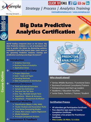 Big Data Predictive
Analytics Certification
Strategy | Process | Analytics Training
training@examplecg.com | www.examplecg.com
World leading companies focus on the future. Big
Data Predictive Analytics is a set of techniques that
help to predict the future by discovering patterns
embedded in past and present data. Learn more at
the upcoming Predictive Analytics training and
certification workshop and shape the future!!
 Introduction
 Analytics Overview
 Business Value of Analytics
 Application Areas
 Measurement and Data
 Project Objectives
 Data – Scale and Types
 Sampling Methods
 Data Visualization & Distribution
 Statistical Inference
 Point and Interval Estimates
 Sample Size Estimation
 One and Two Tail Tests
 One, Two, Multiple Sample Tests
 Hypothesis - Means & Variances
 Hypothesis – Proportions & Median
 Statistical Modeling
 Classification (Bayes, k-NN, ANN)
 Cluster Analysis and Association Rules
 Time Series Forecasting Models
 Linear, Non-Linear, Logistic Regression
 Model Validation
 Principal Component Analysis
 Assessment & Feedback
CourseOutline
Certification Process
• All attendees get Participation Certificate
• Pass objective type exam for Course
Completion Certificate
• Complete a live project for Practitioner
Certificate
• PDU Credits: 25 PDUs / 2.5 CEUs
Who should attend?
 Senior, Middle Business / Functional Execs
 Business/Functional Consultants/Trainers
 Entrepreneurs and Start-up Leaders
 Academic / Education Faculties
 Junior Execs, Freshers / Trainee / Student
 