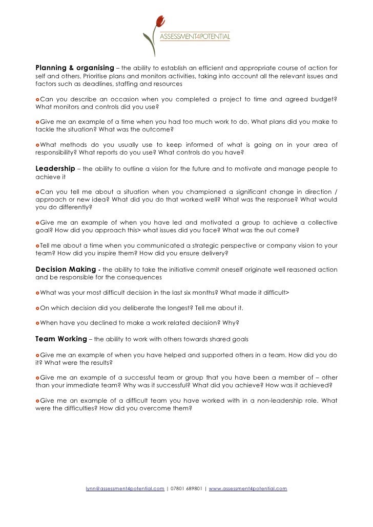 Example competency based questions