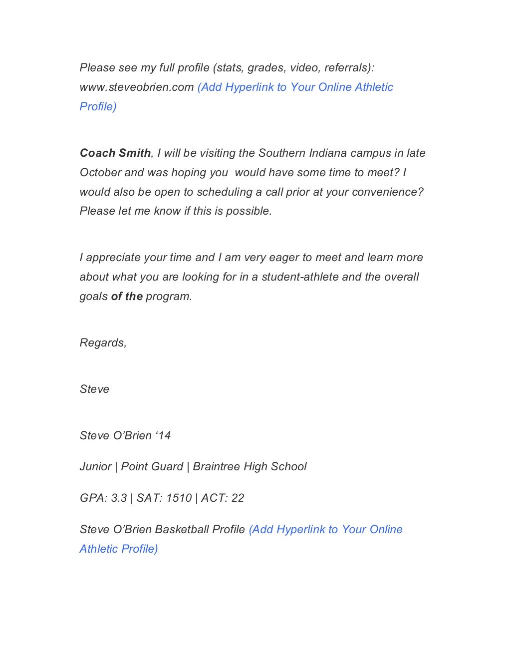 Example Email Contacting Assistant College Coaches