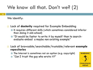 We know all that. Don’t we? (2)
12

     We identify:

        Lack of dexterity required for Example Embedding
            It requires different skills (which sometimes considered inferior
             than doing it old-school)
            “It would be faster to write it by myself than to search-
             evaluate-embed a maybe non existing example”

        Lack of browsable/searchable/trustable/relevant example
         repositories
            The Internet is sometimes not an option (e.g. copyright)
            “Can I trust the guy who wrote it?”
 