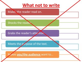 What not to write
Makes the reader read on.
Shocks the reader.
Grabs the reader’s attention.
Meets the purpose of the text.
Makes you/the audience want to…
 