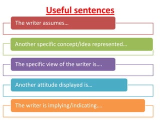 Useful sentences
The writer assumes…
Another specific concept/idea represented…
The specific view of the writer is….
Another attitude displayed is…
The writer is implying/indicating….
 