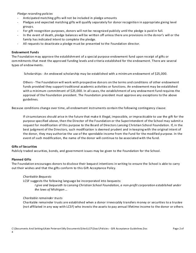 Example gift acceptance guidelines