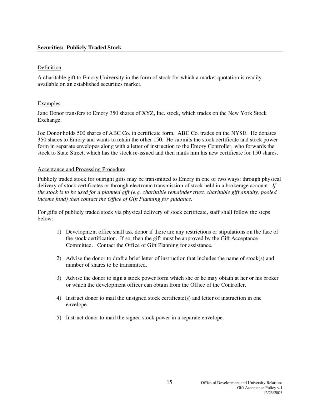 Example gift acceptance policy