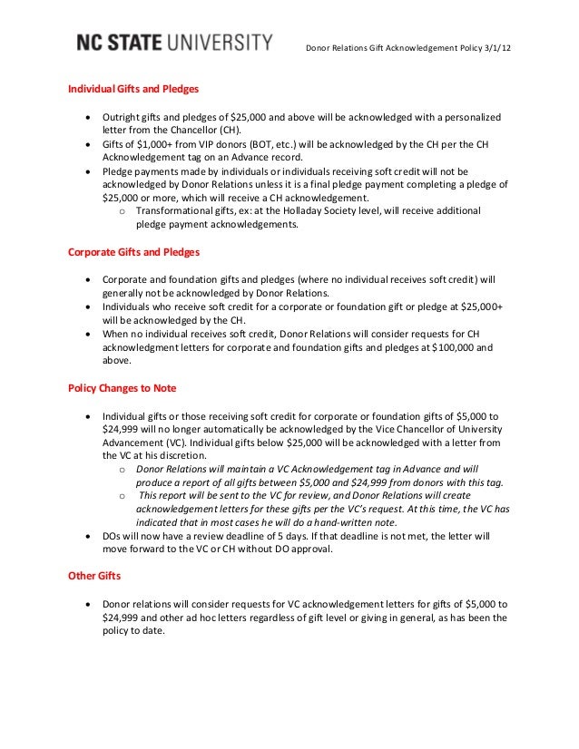 example gift acknowledgement policy donation acknowledgement letters