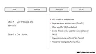 OPEN ABOUT US CLOSE
ABOUT YOU
Slide 1 – Our products and
services
Slide 2 – Our clients
ABOUT US
• Our products and servic...