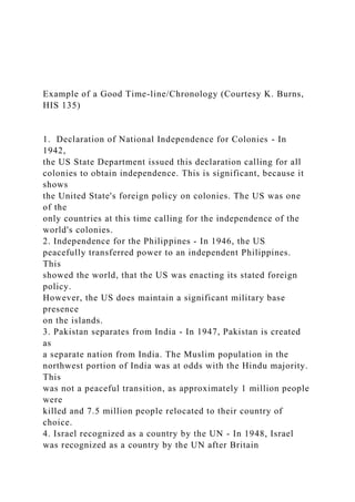 Example of a Good Time-line/Chronology (Courtesy K. Burns,
HIS 135)
1. Declaration of National Independence for Colonies - In
1942,
the US State Department issued this declaration calling for all
colonies to obtain independence. This is significant, because it
shows
the United State's foreign policy on colonies. The US was one
of the
only countries at this time calling for the independence of the
world's colonies.
2. Independence for the Philippines - In 1946, the US
peacefully transferred power to an independent Philippines.
This
showed the world, that the US was enacting its stated foreign
policy.
However, the US does maintain a significant military base
presence
on the islands.
3. Pakistan separates from India - In 1947, Pakistan is created
as
a separate nation from India. The Muslim population in the
northwest portion of India was at odds with the Hindu majority.
This
was not a peaceful transition, as approximately 1 million people
were
killed and 7.5 million people relocated to their country of
choice.
4. Israel recognized as a country by the UN - In 1948, Israel
was recognized as a country by the UN after Britain
 