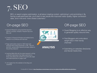 7. SEO
SEO, or search engine optimization, is all about creating content, optimizing it, and promoting it. By
having a well-optimized site, you'll start to see results like improved visitor quality, higher conversion
rates, and in the end: more closed customers.*
On-page SEO Off-page SEO
• Keyword Research using tools like keyword
Planner, youtube, Hubspot, Keyword spy and
Moz, etc.
• Creation of Keyword Phrases and related terms
based on our products and services
• Page optimization based on SEO best best
practices like putting keywords in URL, Title (H1
and H2), using similar keyword phrases related to
the primary keyword
• Inserting Meta title with the same keyword, writing
a relevant description that helps searchers to
know more about the content of a particular page
and meta keywords on page code
• Link pages from the website to the blog and
viceversa
• Guest Blogging is an effective way
to generate quality inbound links.
• Paid Bloggers who write about
weight loss in their trendy
channels
• Submitting on websites directories
and Social media links.
* On-Page SEO 101. Obtained in https://blog.hubspot.com/marketing/seo-site-keyword-optimize-ht#sm.00001sq5hb9miwdbnxbjk4o84spvx
 