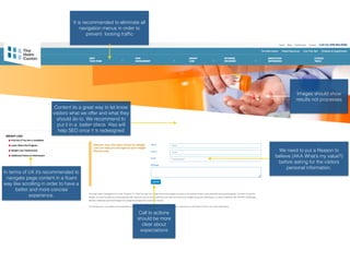 It is recommended to eliminate all
navigation menus in order to
prevent loosing trafﬁc
Content its a great way to let know
visitors what we offer and what they
should do to. We recommend to
put it in a better place. Also will
help SEO once it is redesigned
In terms of UX it’s recommended to
navigate page content in a ﬂuent
way like scrolling in order to have a
better and more concise
experience.
Images should show
results not processes
We need to put a Reason to
believe (AKA What’s my value?)
before asking for the visitors
personal information.
Call to actions
should be more
clear about
expectations
 