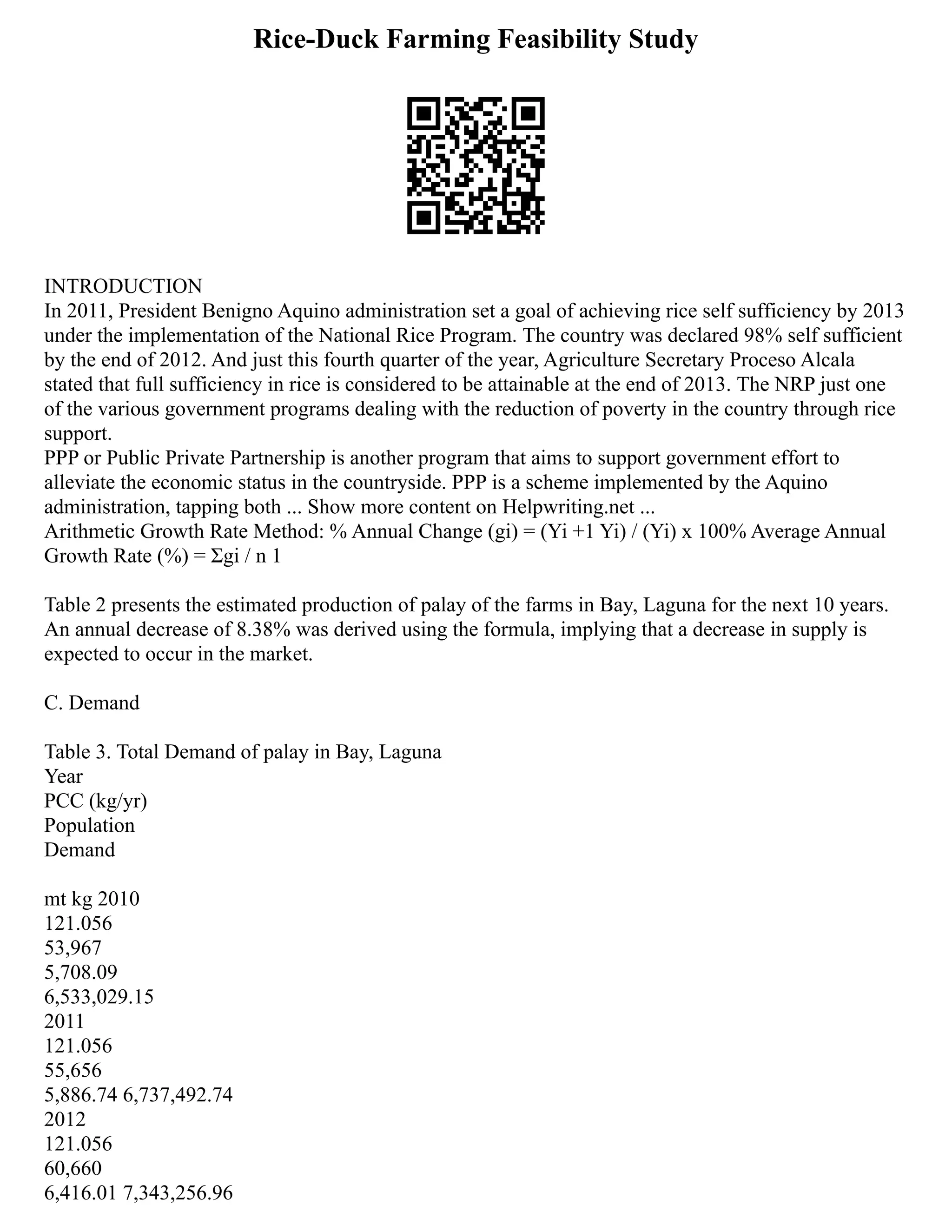 Rice-Duck Farming Feasibility Study
INTRODUCTION
In 2011, President Benigno Aquino administration set a goal of achieving rice self sufficiency by 2013
under the implementation of the National Rice Program. The country was declared 98% self sufficient
by the end of 2012. And just this fourth quarter of the year, Agriculture Secretary Proceso Alcala
stated that full sufficiency in rice is considered to be attainable at the end of 2013. The NRP just one
of the various government programs dealing with the reduction of poverty in the country through rice
support.
PPP or Public Private Partnership is another program that aims to support government effort to
alleviate the economic status in the countryside. PPP is a scheme implemented by the Aquino
administration, tapping both ... Show more content on Helpwriting.net ...
Arithmetic Growth Rate Method: % Annual Change (gi) = (Yi +1 Yi) / (Yi) x 100% Average Annual
Growth Rate (%) = Σgi / n 1
Table 2 presents the estimated production of palay of the farms in Bay, Laguna for the next 10 years.
An annual decrease of 8.38% was derived using the formula, implying that a decrease in supply is
expected to occur in the market.
C. Demand
Table 3. Total Demand of palay in Bay, Laguna
Year
PCC (kg/yr)
Population
Demand
mt kg 2010
121.056
53,967
5,708.09
6,533,029.15
2011
121.056
55,656
5,886.74 6,737,492.74
2012
121.056
60,660
6,416.01 7,343,256.96
 
