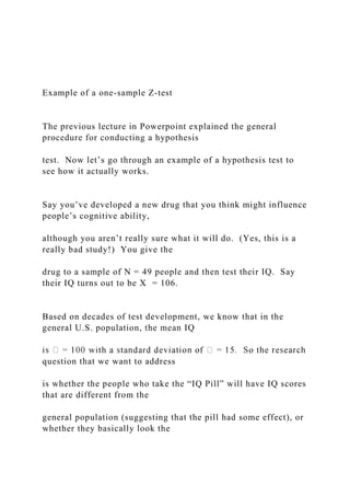 One Z Test Examples Example of a one-sample Z-test The previous lecture in P.docx