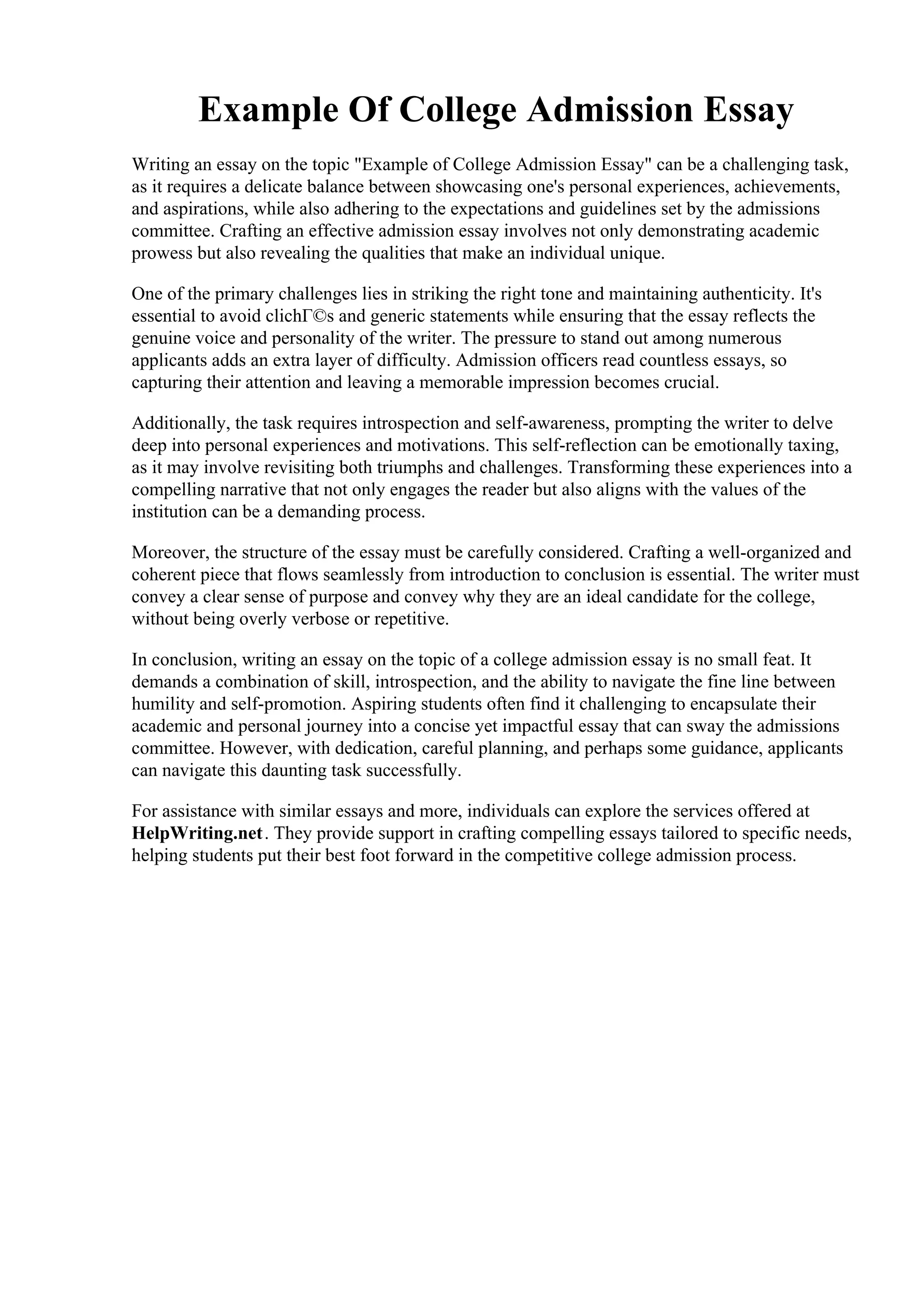 Example Of College Admission Essay PDF