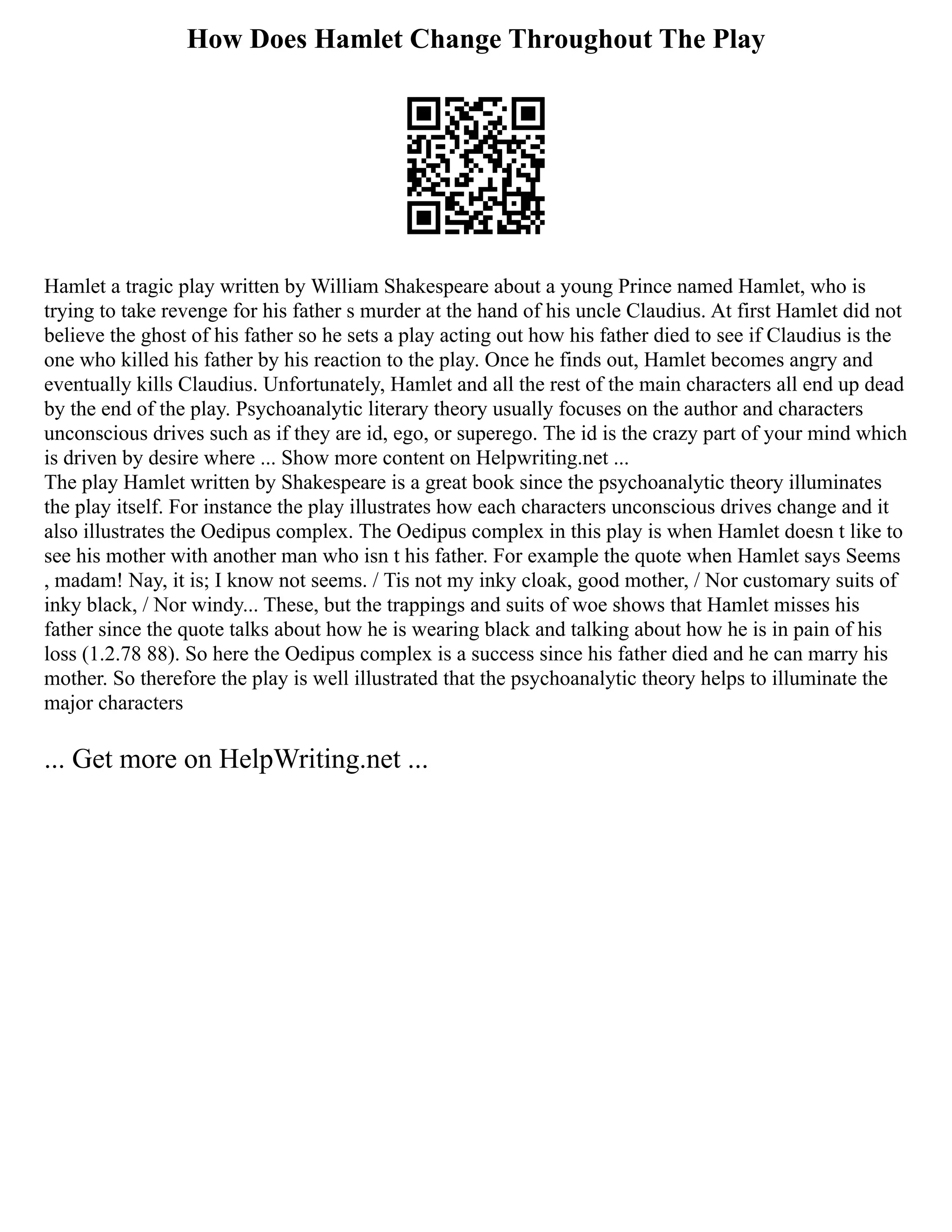 How Does Hamlet Change Throughout The Play
Hamlet a tragic play written by William Shakespeare about a young Prince named Hamlet, who is
trying to take revenge for his father s murder at the hand of his uncle Claudius. At first Hamlet did not
believe the ghost of his father so he sets a play acting out how his father died to see if Claudius is the
one who killed his father by his reaction to the play. Once he finds out, Hamlet becomes angry and
eventually kills Claudius. Unfortunately, Hamlet and all the rest of the main characters all end up dead
by the end of the play. Psychoanalytic literary theory usually focuses on the author and characters
unconscious drives such as if they are id, ego, or superego. The id is the crazy part of your mind which
is driven by desire where ... Show more content on Helpwriting.net ...
The play Hamlet written by Shakespeare is a great book since the psychoanalytic theory illuminates
the play itself. For instance the play illustrates how each characters unconscious drives change and it
also illustrates the Oedipus complex. The Oedipus complex in this play is when Hamlet doesn t like to
see his mother with another man who isn t his father. For example the quote when Hamlet says Seems
, madam! Nay, it is; I know not seems. / Tis not my inky cloak, good mother, / Nor customary suits of
inky black, / Nor windy... These, but the trappings and suits of woe shows that Hamlet misses his
father since the quote talks about how he is wearing black and talking about how he is in pain of his
loss (1.2.78 88). So here the Oedipus complex is a success since his father died and he can marry his
mother. So therefore the play is well illustrated that the psychoanalytic theory helps to illuminate the
major characters
... Get more on HelpWriting.net ...
 