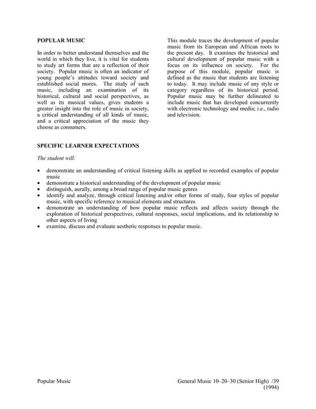 Example of objectives in Music LP