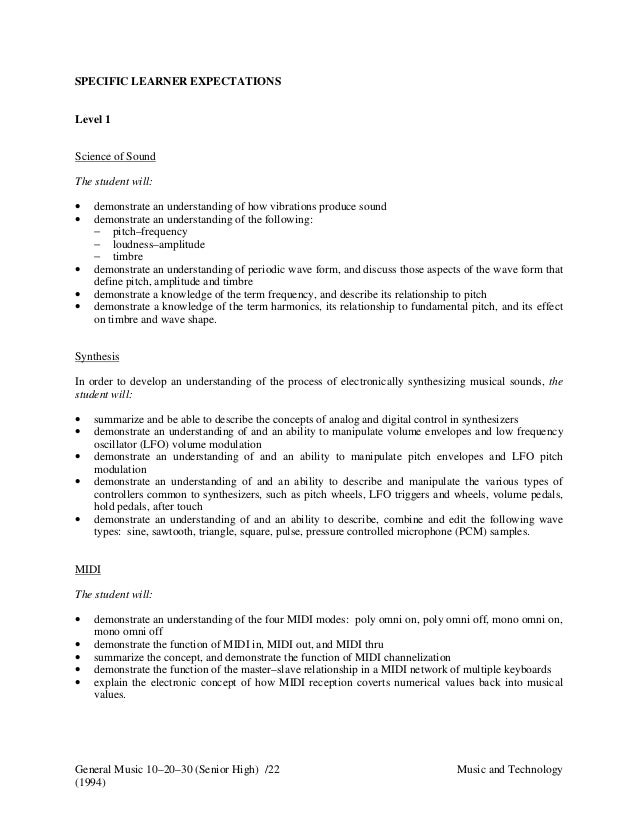 Example of objectives in Music LP