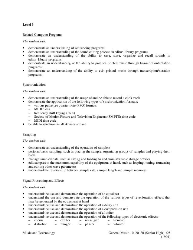 Example of objectives in Music LP