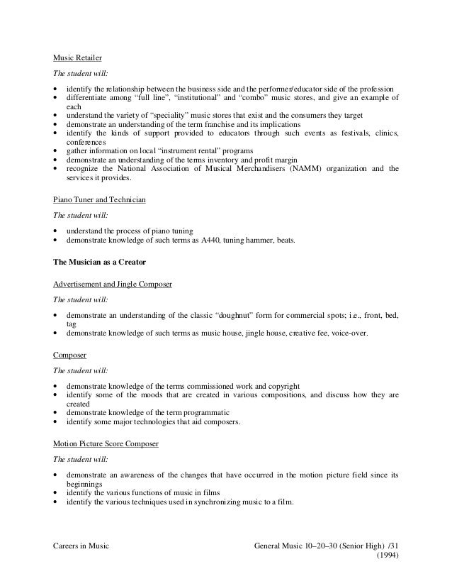 Example of objectives in Music LP