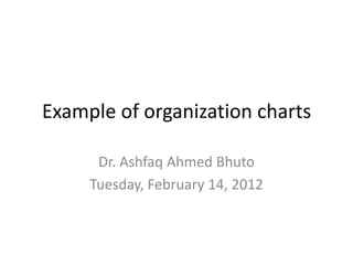 Example of organization charts

      Dr. Ashfaq Ahmed Bhuto
     Tuesday, February 14, 2012
 