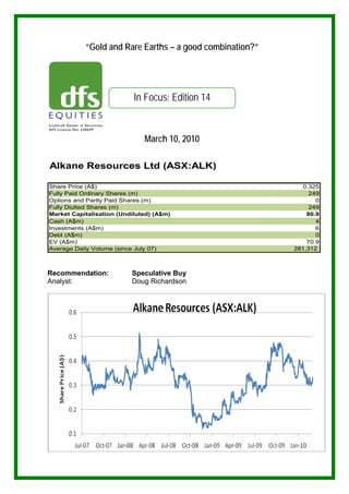 “Gold and Rare Earths – a good combination?”




                           In Focus: Edition 14


                              March 10, 2010

Alkane Resources Ltd (ASX:ALK)

Share Price (A$)                                             0.325
Fully Paid Ordinary Shares (m)                                 249
Options and Partly Paid Shares (m)                               0
Fully Diulted Shares (m)                                       249
Market Capitalisation (Undiluted) (A$m)                       80.9
Cash (A$m)                                                       4
Investments (A$m)                                                6
Debt (A$m)                                                       0
EV (A$m)                                                      70.9
Average Daily Volume (since July 07)                      281,312



Recommendation:           Speculative Buy
Analyst:                  Doug Richardson
 