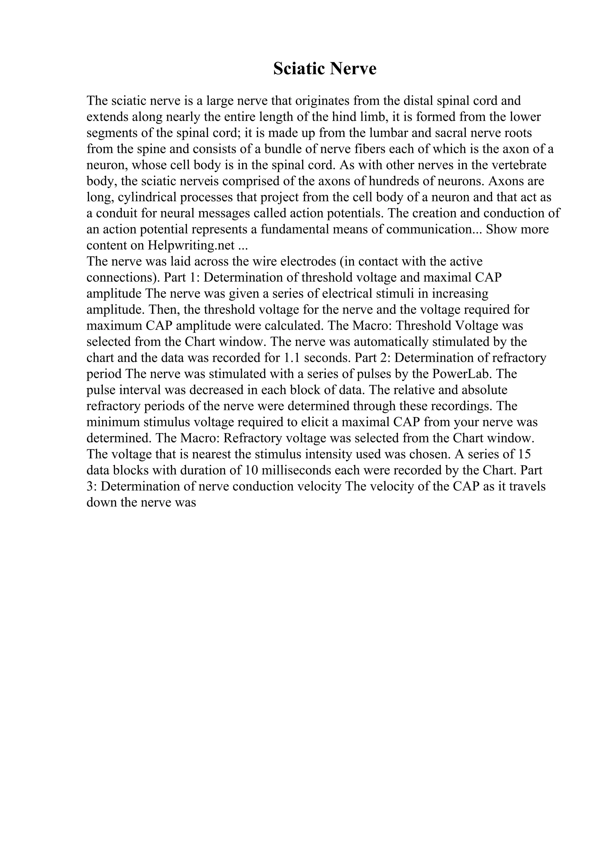 Sciatic Nerve
The sciatic nerve is a large nerve that originates from the distal spinal cord and
extends along nearly the entire length of the hind limb, it is formed from the lower
segments of the spinal cord; it is made up from the lumbar and sacral nerve roots
from the spine and consists of a bundle of nerve fibers each of which is the axon of a
neuron, whose cell body is in the spinal cord. As with other nerves in the vertebrate
body, the sciatic nerveis comprised of the axons of hundreds of neurons. Axons are
long, cylindrical processes that project from the cell body of a neuron and that act as
a conduit for neural messages called action potentials. The creation and conduction of
an action potential represents a fundamental means of communication... Show more
content on Helpwriting.net ...
The nerve was laid across the wire electrodes (in contact with the active
connections). Part 1: Determination of threshold voltage and maximal CAP
amplitude The nerve was given a series of electrical stimuli in increasing
amplitude. Then, the threshold voltage for the nerve and the voltage required for
maximum CAP amplitude were calculated. The Macro: Threshold Voltage was
selected from the Chart window. The nerve was automatically stimulated by the
chart and the data was recorded for 1.1 seconds. Part 2: Determination of refractory
period The nerve was stimulated with a series of pulses by the PowerLab. The
pulse interval was decreased in each block of data. The relative and absolute
refractory periods of the nerve were determined through these recordings. The
minimum stimulus voltage required to elicit a maximal CAP from your nerve was
determined. The Macro: Refractory voltage was selected from the Chart window.
The voltage that is nearest the stimulus intensity used was chosen. A series of 15
data blocks with duration of 10 milliseconds each were recorded by the Chart. Part
3: Determination of nerve conduction velocity The velocity of the CAP as it travels
down the nerve was
 