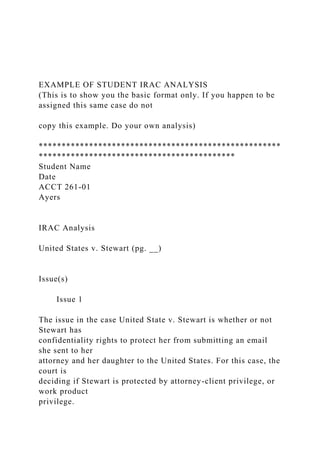 EXAMPLE OF STUDENT IRAC ANALYSIS
(This is to show you the basic format only. If you happen to be
assigned this same case do not
copy this example. Do your own analysis)
*****************************************************
*******************************************
Student Name
Date
ACCT 261-01
Ayers
IRAC Analysis
United States v. Stewart (pg. __)
Issue(s)
Issue 1
The issue in the case United State v. Stewart is whether or not
Stewart has
confidentiality rights to protect her from submitting an email
she sent to her
attorney and her daughter to the United States. For this case, the
court is
deciding if Stewart is protected by attorney-client privilege, or
work product
privilege.
 
