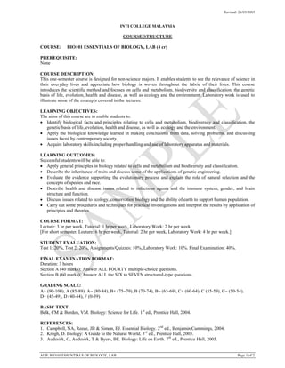 Revised: 26/03/2005
AUP: BIO101ESSENTIALS OF BIOLOGY, LAB Page 1 of 2
INTI COLLEGE MALAYSIA
COURSE STRUCTURE
COURSE: BIO101 ESSENTIALS OF BIOLOGY, LAB (4 cr)
PREREQUISITE:
None
COURSE DESCRIPTION:
This one-semester course is designed for non-science majors. It enables students to see the relevance of science in
their everyday lives and appreciate how biology is woven throughout the fabric of their lives. This course
introduces the scientific method and focuses on cells and metabolism, biodiversity and classification, the genetic
basis of life, evolution, health and disease, as well as ecology and the environment. Laboratory work is used to
illustrate some of the concepts covered in the lectures.
LEARNING OBJECTIVES:
The aims of this course are to enable students to:
 Identify biological facts and principles relating to cells and metabolism, biodiversity and classification, the
genetic basis of life, evolution, health and disease, as well as ecology and the environment.
 Apply the biological knowledge learned in making conclusions from data, solving problems, and discussing
issues faced by contemporary society.
 Acquire laboratory skills including proper handling and use of laboratory apparatus and materials.
LEARNING OUTCOMES:
Successful students will be able to:
 Apply general principles in biology related to cells and metabolism and biodiversity and classification.
 Describe the inheritance of traits and discuss some of the applications of genetic engineering.
 Evaluate the evidence supporting the evolutionary process and explain the role of natural selection and the
concepts of species and race.
 Describe health and disease issues related to infectious agents and the immune system, gender, and brain
structure and function.
 Discuss issues related to ecology, conservation biology and the ability of earth to support human population.
 Carry out some procedures and techniques for practical investigations and interpret the results by application of
principles and theories.
COURSE FORMAT:
Lecture: 3 hr per week, Tutorial: 1 hr per week, Laboratory Work: 2 hr per week.
[For short semester, Lecture: 6 hr per week, Tutorial: 2 hr per week, Laboratory Work: 4 hr per week.]
STUDENT EVALUATION:
Test 1: 20%, Test 2: 20%, Assignments/Quizzes: 10%, Laboratory Work: 10%. Final Examination: 40%.
FINAL EXAMINATION FORMAT:
Duration: 3 hours
Section A (40 marks): Answer ALL FOURTY multiple-choice questions.
Section B (60 marks): Answer ALL the SIX to SEVEN structured-type questions.
GRADING SCALE:
A+ (90-100), A (85-89), A (80-84), B+ (7579), B (70-74), B (65-69), C+ (60-64), C (55-59), C (50-54),
D+ (45-49), D (40-44), F (0-39)
BASIC TEXT:
Belk, CM & Borden, VM. Biology: Science for Life. 1st
ed., Prentice Hall, 2004.
REFERENCES:
1. Campbell, NA, Reece, JB & Simon, EJ. Essential Biology. 2nd
ed., Benjamin Cummings, 2004.
2. Krogh, D. Biology: A Guide to the Natural World. 3rd
ed., Prentice Hall, 2005.
3. Audesirk, G, Audesirk, T & Byers, BE. Biology: Life on Earth. 7th
ed., Prentice Hall, 2005.
 