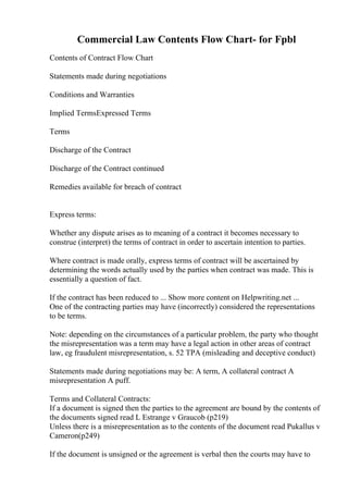 Commercial Law Contents Flow Chart- for Fpbl
Contents of Contract Flow Chart
Statements made during negotiations
Conditions and Warranties
Implied TermsExpressed Terms
Terms
Discharge of the Contract
Discharge of the Contract continued
Remedies available for breach of contract
Express terms:
Whether any dispute arises as to meaning of a contract it becomes necessary to
construe (interpret) the terms of contract in order to ascertain intention to parties.
Where contract is made orally, express terms of contract will be ascertained by
determining the words actually used by the parties when contract was made. This is
essentially a question of fact.
If the contract has been reduced to ... Show more content on Helpwriting.net ...
One of the contracting parties may have (incorrectly) considered the representations
to be terms.
Note: depending on the circumstances of a particular problem, the party who thought
the misrepresentation was a term may have a legal action in other areas of contract
law, eg fraudulent misrepresentation, s. 52 TPA (misleading and deceptive conduct)
Statements made during negotiations may be: A term, A collateral contract A
misrepresentation A puff.
Terms and Collateral Contracts:
If a document is signed then the parties to the agreement are bound by the contents of
the documents signed read L Estrange v Graucob (p219)
Unless there is a misrepresentation as to the contents of the document read Pukallus v
Cameron(p249)
If the document is unsigned or the agreement is verbal then the courts may have to
 