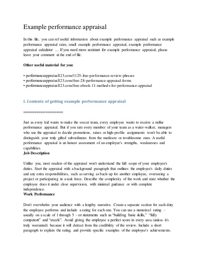 example performance appraisal example of performance review