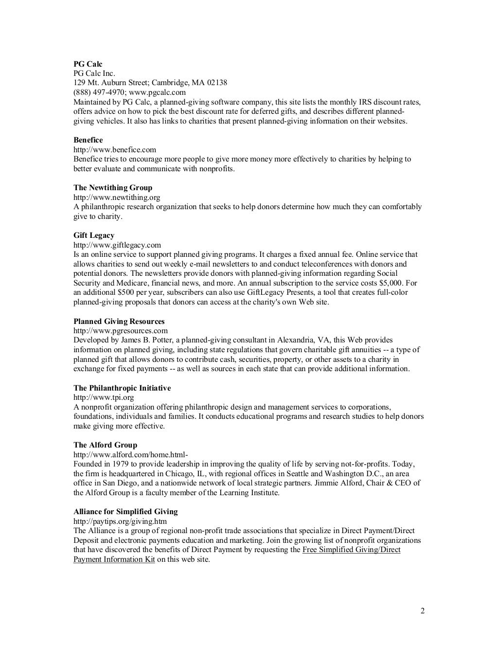 Example planned giving and donation programs resource list