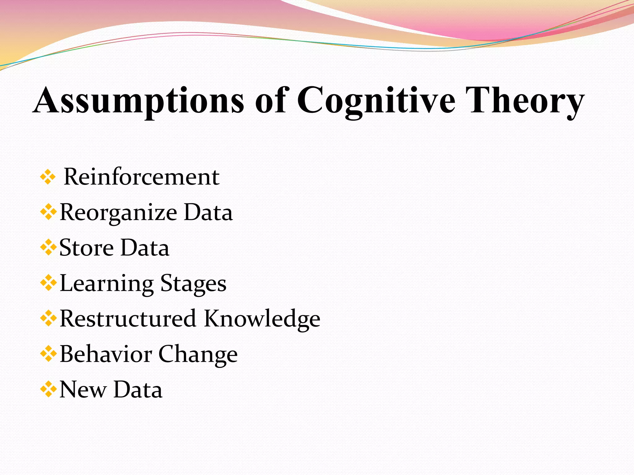 Assumptions of Cognitive Theory
 Reinforcement
Reorganize Data
Store Data
Learning Stages
Restructured Knowledge
Behavior Change
New Data
 