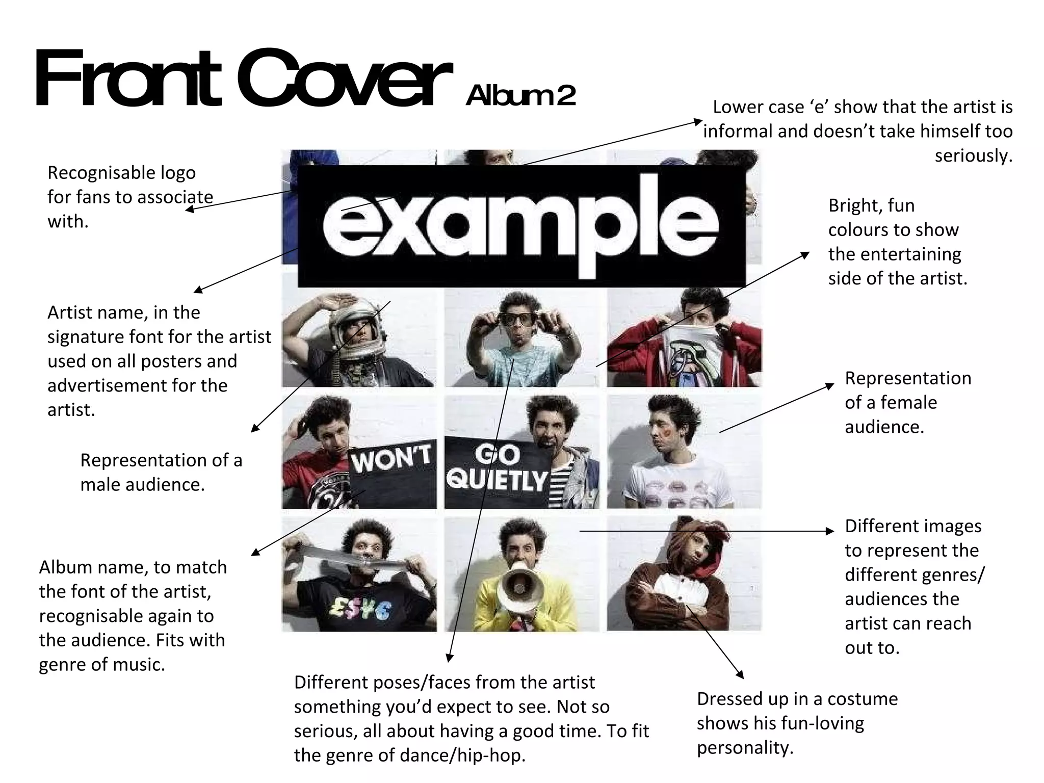 Artist name, in the signature font for the artist used on all posters and advertisement for the artist. Recognisable logo for fans to associate with. Album name, to match the font of the artist, recognisable again to the audience. Fits with genre of music. Different images to represent the different genres/audiences the artist can reach out to. Representation of a female audience. Representation of a male audience. Bright, fun colours to show the entertaining side of the artist. Different poses/faces from the artist something you’d expect to see. Not so serious, all about having a good time. To fit the genre of dance/hip-hop. Lower case ‘e’ show that the artist is informal and doesn’t take himself too seriously. Dressed up in a costume shows his fun-loving personality. Front Cover  Album 2 