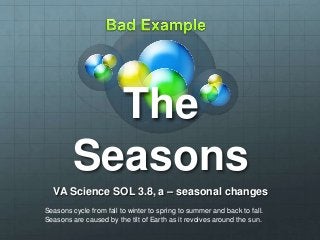 The
Seasons
VA Science SOL 3.8, a – seasonal changes
Seasons cycle from fall to winter to spring to summer and back to fall.
Seasons are caused by the tilt of Earth as it revolves around the sun.
 